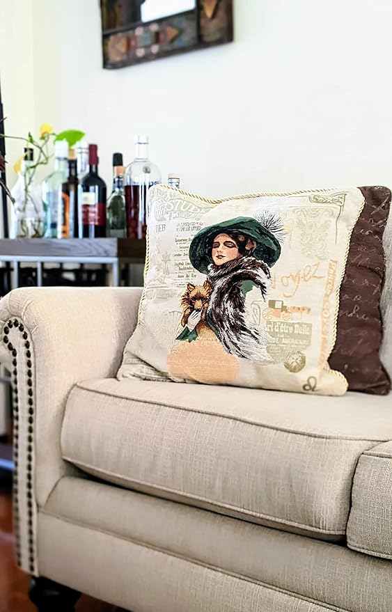 Tache Adorable Puppy's Day Out Jacquard Tapestry Woven Throw Pillow Cushion Covers Green Beige Brown Decorative Couch Accent Pillow Cover (2 Pieces, Puppy's Day Out)