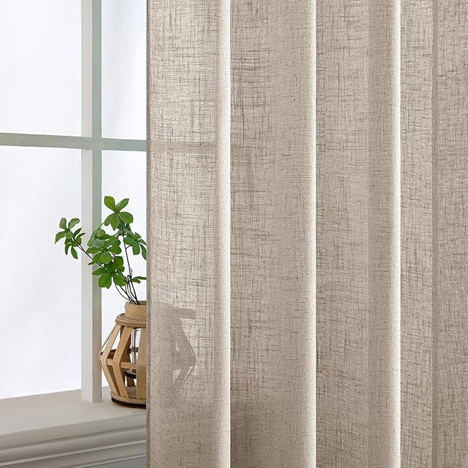 MIULEE Natural Linen Curtains 52x96 Inch Long 2 Panels for Bedroom | Soft Linen Textured Window Drapes, Semi Sheer Light Filtering, Back Tab Rod Pocket, Farmhouse Modern Burlap Look Decor