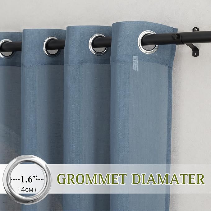 NICETOWN Linen Sheer Stone Blue Curtains 63 inch Length, Grommet Top Casual Semi Sheer Privacy Window Drapes with Light Penetration for Beach House/Bedroom, W52 x L63, 2 Panels