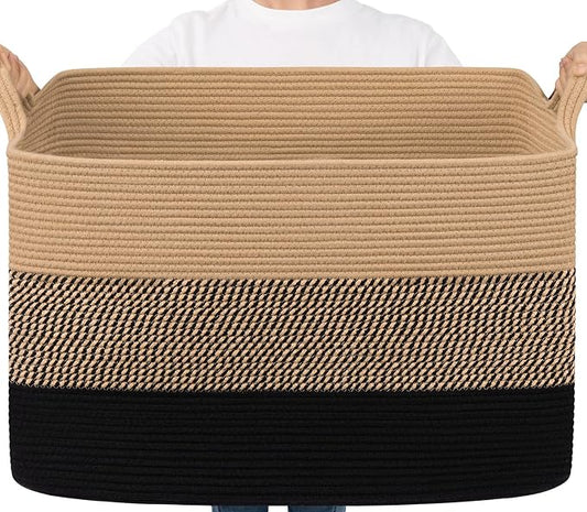 Goodpick 105L Extra Large Woven Rope Blanket Basket, Rectangle, Black Jute | 25'' x 16'' x 16'' Storage Basket for Blankets, Pillows & Toys, Living Room & Bedroom Organization, Reinforced Handles