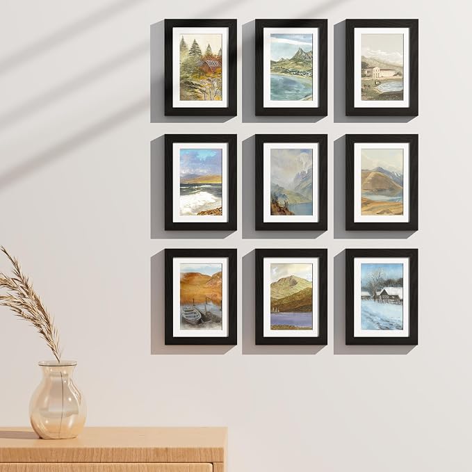 Vittanly 5x7 Picture Frames Set of 9 for Wall or Tabletop Display, Black | Display Pictures 4x6 with Mat or 5x7 without Mat, Small Photo Frames, Engineered Wood with Shatter Resistant Plexiglass