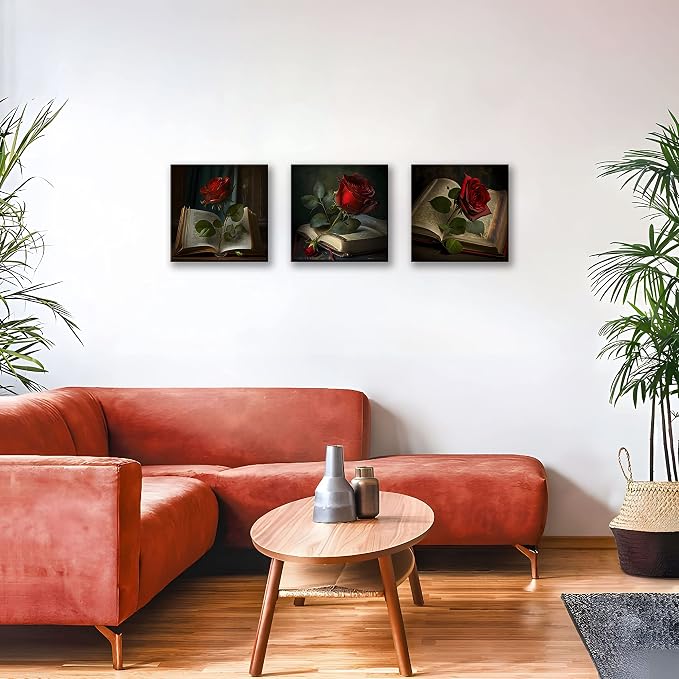 NAN Wind Vintage Red Wall Decor for Living Room Bathroom Accessories Green Leaf Retro Wall Art Red Rose on Books Pictures Bedroom Decor Kitchen Home Decorations 20x20 3 Pcs/Set