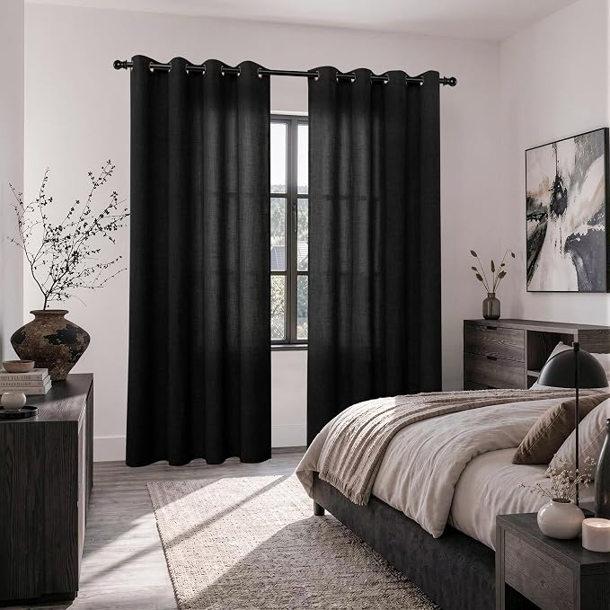 YoungsTex Linen Black Curtains 84 Inch Length 2 Panels for Living Room | Light Filtering Drapes with Bronze Grommet Semi Sheer Gothic Decorative for Dining Bedroom, 52 X 84 Inch