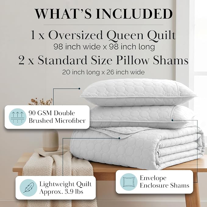 Southshore Fine Living, Inc. White Quilts Queen Size Set, Lightweight Summer Bedspread with 2 Quilted Pillow Shams, Cozy, Soft Circle-Stitch Design, Queen Size/Full Size, White