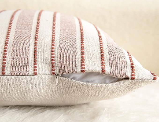 Cethom Decorative Boho Throw Pillow Covers, Farmhouse Textured Pillow Case, 18 x 18 Inch Set of 2, Chair Sofa Bedroom Living Room Home Decor Couch Cushion Case, Rust and Beige Striped