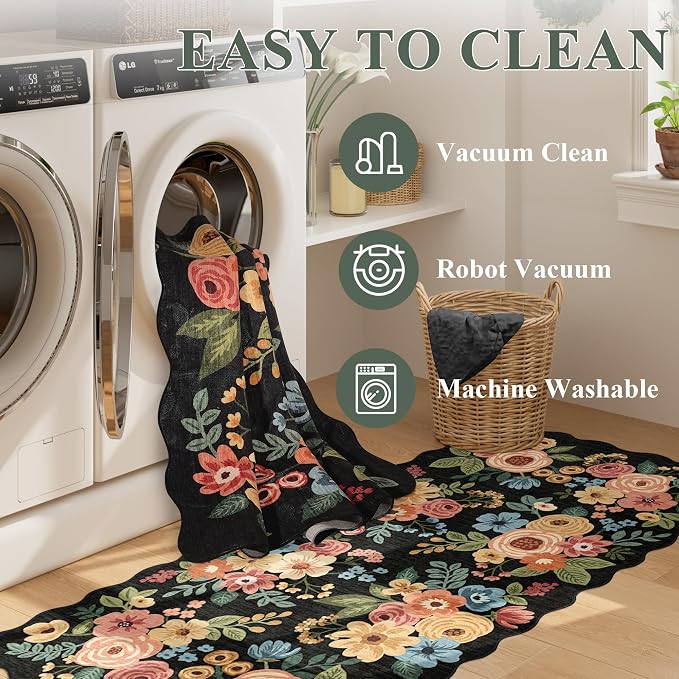 DUKINO 3x5 Area Rugs, Non Slip Floral Washable Rug for Bedroom, Black | Soft, Low Pile, Non-Shedding Throw Rugs for Living Room, Entryway, Kitchen, Kids Room, Pet Friendly, Home Decor, Lightweight