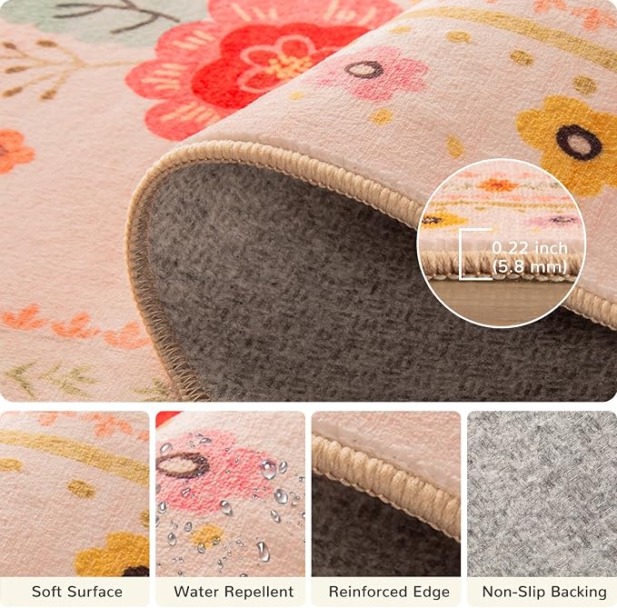Washable Floral Area Rug for Living Room 2x3 Pink Beige | Non-Slip，Vacuum-Friendly, Low Pile, Flower Carpet for Bedroom Kitchen Entryway Dining Room Office Nursery