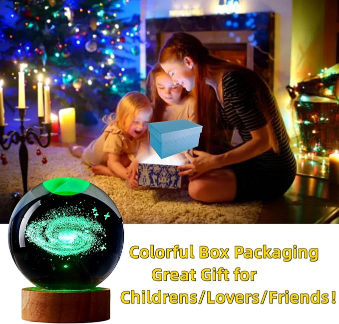 3D Crystal Ball Lamp, Upgraded 3.15 Inch Crystal Ball Night Light with 16 Colors LED Wooden Base, Remote Control, Gift Box Packaging, Home Decor Gift