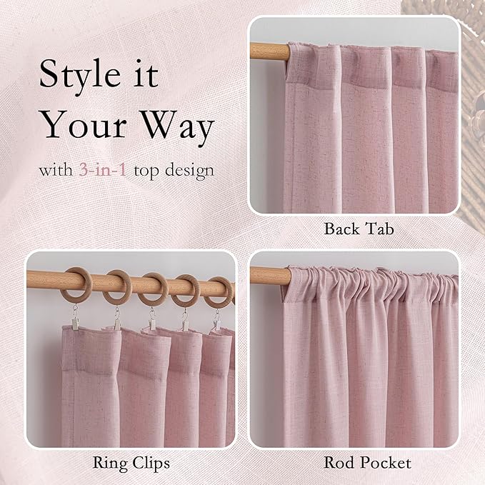 MYSKY HOME Pink Curtains for Girls Bedroom, Semi Sheer Nursery Curtains 63 Inch Length for Small Windows Boho Farmhouse Back Tab Soft Touch Light Filtering Drapes, 50" Wide, Light Pink, Sets of 2