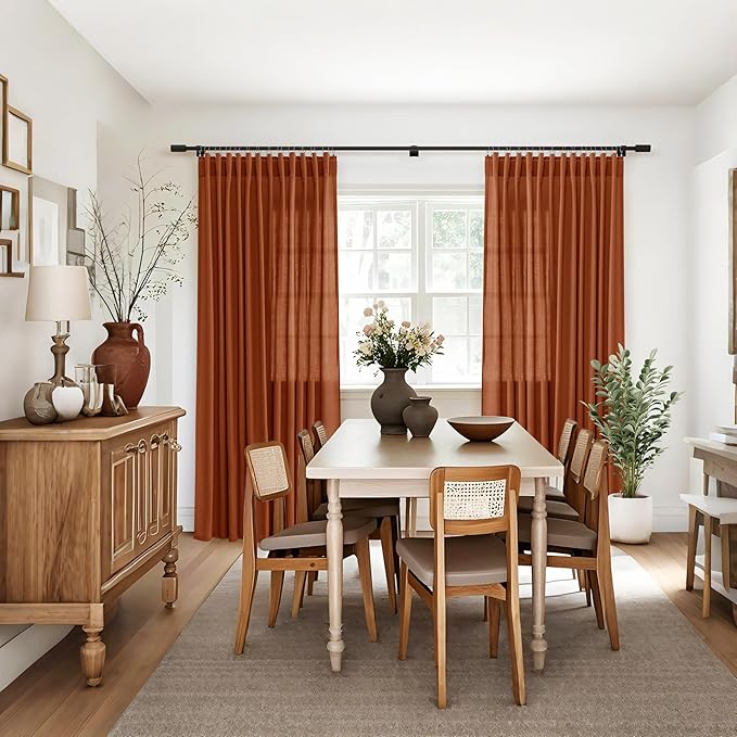 Jowels Terracotta Linen Curtains 86 Inch Long 2 Panels for Living Room | Burnt Orange Light Filtering Semi Sheer Curtain,Back Tab Pocket Pleated Look,Boho Textured Privacy Drapes for Bedroom Window