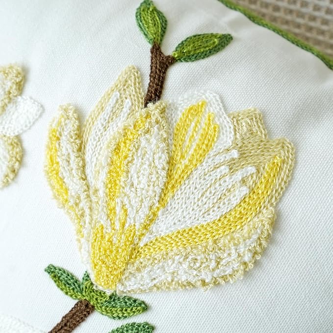 vctops Farmhouse Magnolia Flower Cotton Tufted Throw Pillow Cover Spring Floral Embroidery Pillowcase Soft Square Cushion Case for Sofa Couch Bed Chair (Yellow E,18"x18")