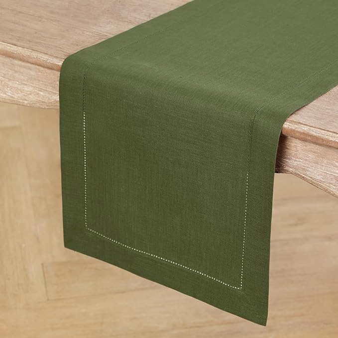Solino Home 100% Linen Table Runner Olive, Classic Hemstitch 14 x 156 in | dresses up dining tables for everyday meals, hemstitched border, mitered corners, machine washable, soft, OEKO-TEX Certified