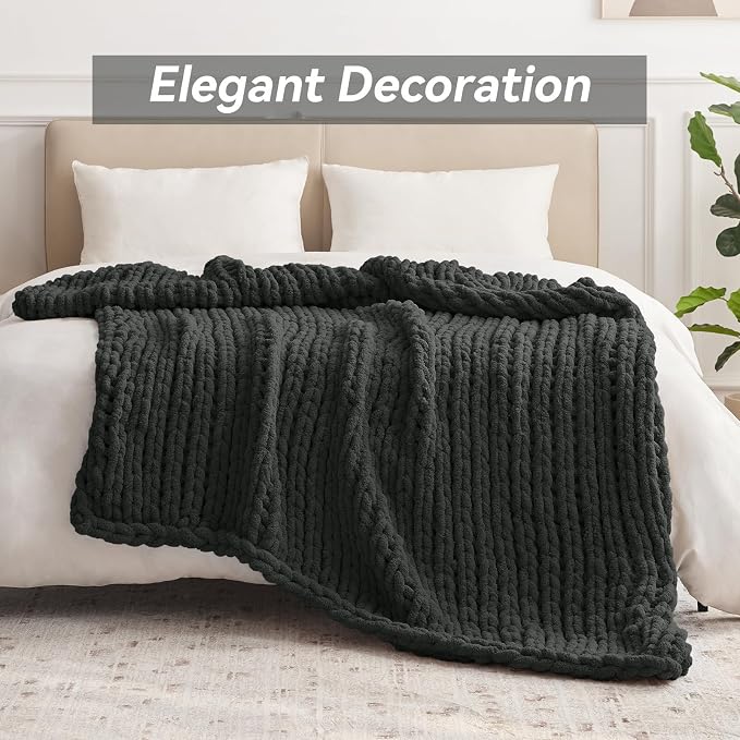 Negwoo Chunky Knit Throw Blanket, Knitted Throw Chenille Yarn, 50"*60" | Soft Thick Cable Knitted Blankets, Handmade Big Thick Blanket, Machine Washable Cute Comfy Blanket for Home Decor, Dark grey