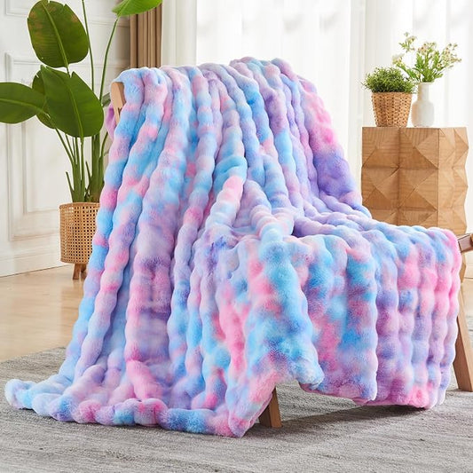 NEWCOSPLAY Faux Fur Bubble Throw Blanket for Couch, Purple Rainbow, 50"x60" | Fluffy Soft Thick Warm Bubble Blanket for Couch Sofa Bed 700GSM, Plush Cozy Luxury Decorative Throw, Gift for Women Men