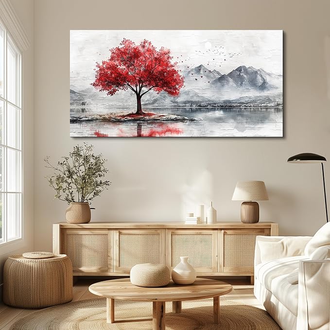 QIYILEXWART Canvas Wall Art For Living Room Large Wall Decor For Office Bedroom Decorations Red Tree Landscape Pictures Farmhouse Painting Artwork Room Wall Mural Aesthetic Home Decor 30x60 In