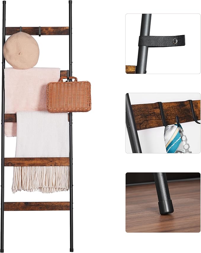 ELYKEN Blanket Ladder, 5-Tier Towel Rack, Wall-Leaning Quilt Holder | Farmhouse Wood Display Stand with 4 Hooks, Decorative Rack Shelf for Living Room, BedRoom, Bathroom, Rustic Brown