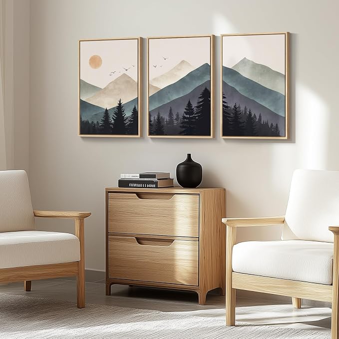 Framed Boho Mountain Forest Landscape Wall Art for Living Room, 16x24 Inch | 3 piece, Modern, Minimalist, Large, Canvas artwork, Nature, Pine tree picture, Bedroom wall decor, Ready to hang, Wood frame