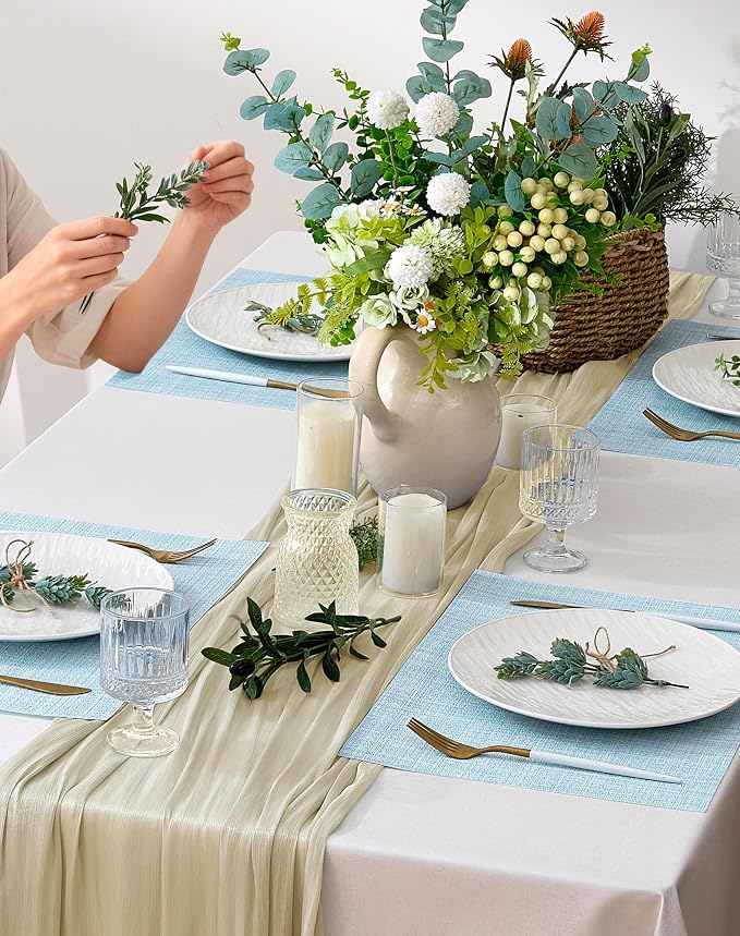 Leetaltree Soft Sky Blue Woven Placemats Set of 12 - Heat Resistant Non-Slip Place mats for Dining Table, Washable Durable PVC Vinyl Woven Table Mats(Sky Blue, 12)
