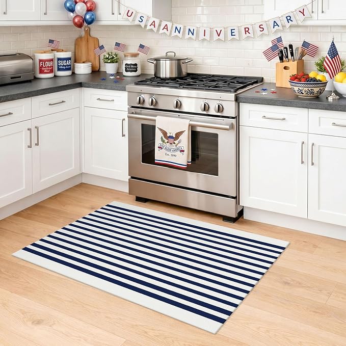 KILOCOCO Blue and White Striped Rug 2.3'x3.6' Washable Front Door Mat | Indoor Outdoor Rugs, Cotton Striped Layered Doormats, Low Pile Front Porch Rug, Woven Mat for Independence Day Decor