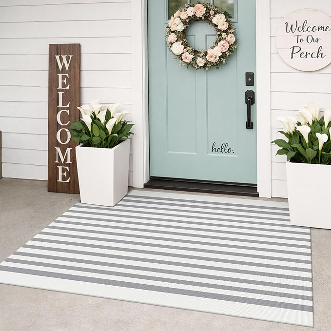 KILOCOCO Striped Rug 3x5 ft Washable Front Door Outdoor Rug, Grey White | Cotton Layered Doormats, Washable Front Porch Rug, Woven Low Pile Welcome Mat for Kitchen Entryway Farmhouse Patio