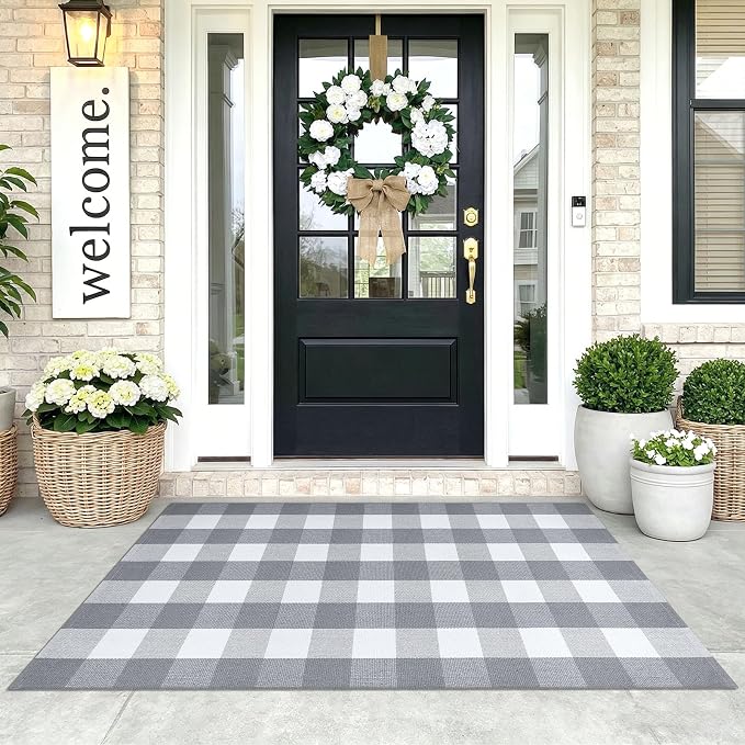 KOZYFLY Buffalo Plaid Area Rugs 3x5 Grey and White Washable Front Door Mat | Woven Cotton Outdoor Rug, Checkered Doormat for Front Porch Patio Farmhouse, Indoor Kitchen Entryway Rug