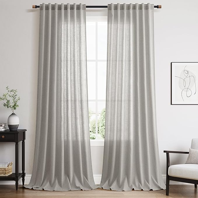 Light Gray Linen Curtains 96 Inches Long for Living Room Light Filtering Semi Sheer Curtain Back Tab Rod Pocket Textured Luxury Grey Simple Modern Drapes for Bedroom 52x96, 2 Panels