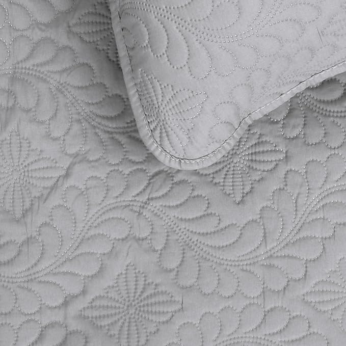 Easy-Going Reversible Quilt Set Twin, Bedspread with 1 Shams | Olive leaf-Light Gray/Ivory, Lightweight Bed Comforter, 1 Quilt + 1 Pillow Shams, All-Season Coverlets
