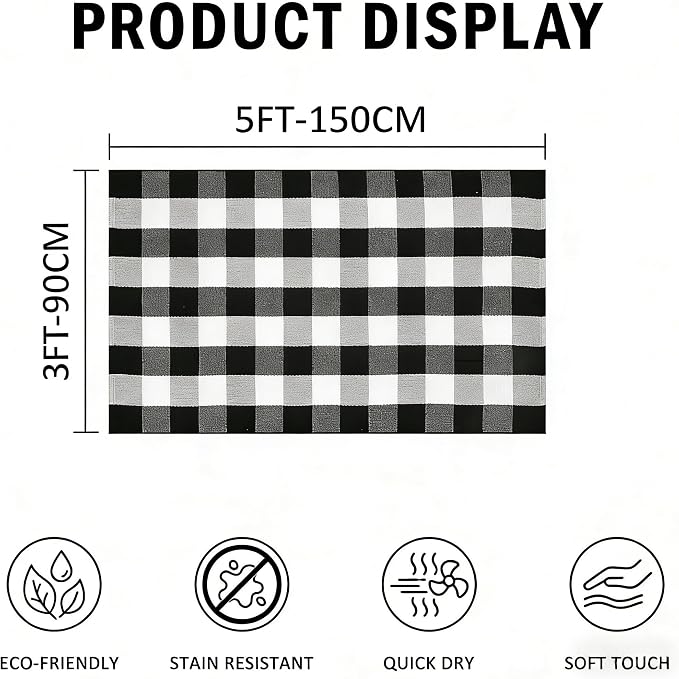Buffalo Plaid Outdoor Rug 3x5 Ft Black and White Checkered Area Rug Washable Doormats Indoor Outdoor Rugs for Layered Front Door Mats, Porch, Entryway, Kitchen, Farmhouse