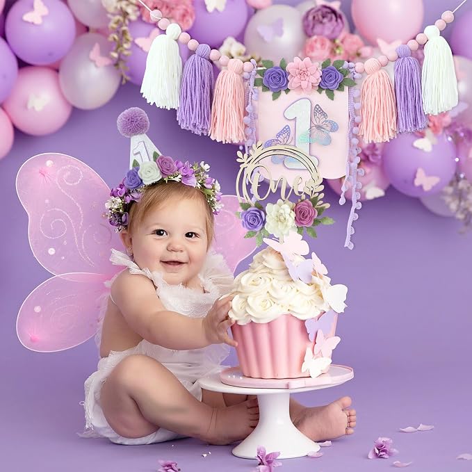 JUIIZAY Flower 1st Birthday Party Decorations for Girl Butterfly Highchair Banner 1st Hat One Floral Cake Topper Party Decor