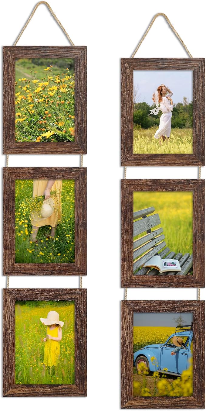 5x7 Collage Picture Frames Set of 2, Rustic Wooden Real Glass Vertical Hanging 3 Opening 5 by 7 Photo Frame, Distressed Brown