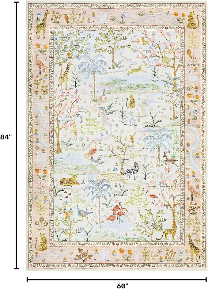 Washable Area Rug 5x7 Blush Animal Print Rugs for Nursery Non Slip Stain Resistant Forest Fairy Tale Throw Carpet Low Pile Whimsical Safari Area Rugs for Entryway Girls Bedroom Dining Room, PeachBlush