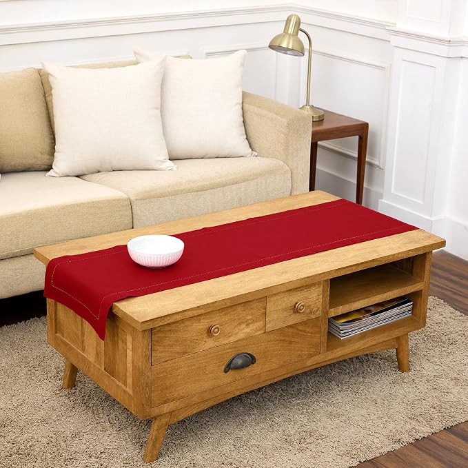 Solino Home 100% Pure Linen Table Runner Red, Classic Hemstitch 14 x 60 in | Table Runners for end tables, coffee tables, small dining tables and dressers, soft plain weave, OEKO-TEX Certified, low iron