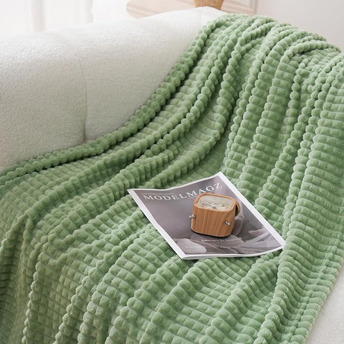 Puncuntex Fleece Throw Blanket Sage Green 60"×80" with Square Grid Design | Super Soft Plush Cozy Flannel Throw Blanket Luxury for Couch Sofa Chair