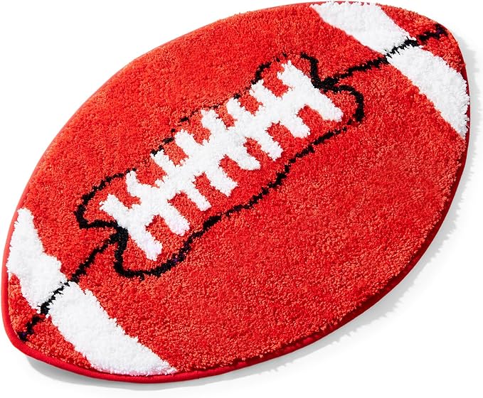 Funtery Football Rug for Boys Room Decor 32x20" Non Slip Absorbent Sports Soft Carpet Field Sports Area Rug Washable Touchdown Mat for Bathroom Playroom Athlete Back to School(Red, Football)