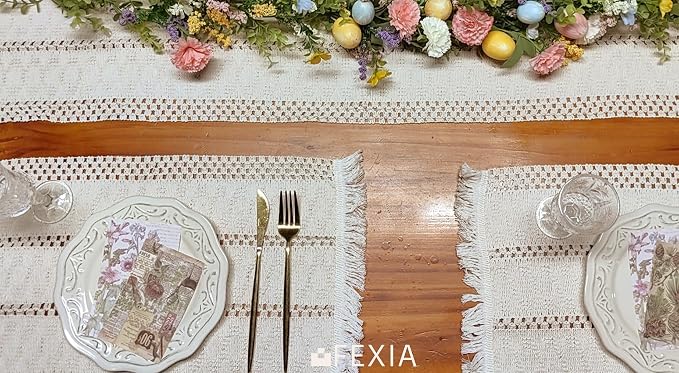 FEXIA Beige Boho Placemats Set of 4 Table Mats Farmhouse Home Dining Decor | 12x20" Place Mat Set of 4 Macrame Table Decor Farmhouse Burlap Placemats for Home Dining Table Centerpiece Home Decorations
