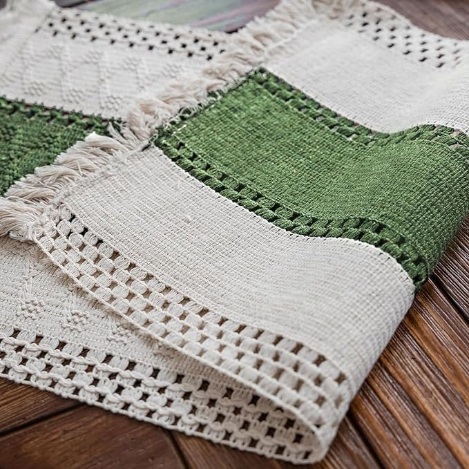Macrame Table Runner Beige and Green Boho Runners with Tassels 12x95in | Alynsehom Hand Woven Cotton Table Runner Rustic Farmhouse Table Runners for Bohemian Kitchen Dining Table