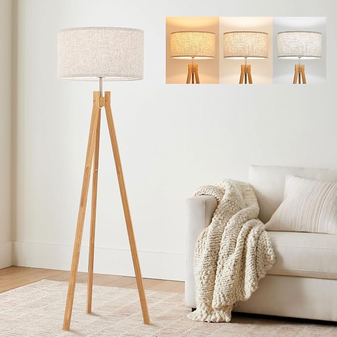 ELYONA Nordic Wood Tripod Floor Lamp, Modern Reading Standing Lamp for Living Room 3 Color Temperatures LED Bulb Included Flaxen Lamp Shade, Boho Natural Wooden floor lamp for Bedroom Office Kids Room
