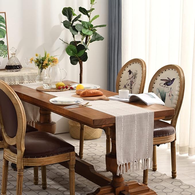 Wracra Rustic Linen Table Runner, Light Coffee Table Runners 60 inches Long | Raised Embroidered Design and Hand-Tassels;Cotton Linen Woven Fabric; Farmhouse Table Runner;Home Kitchen Dining Decor