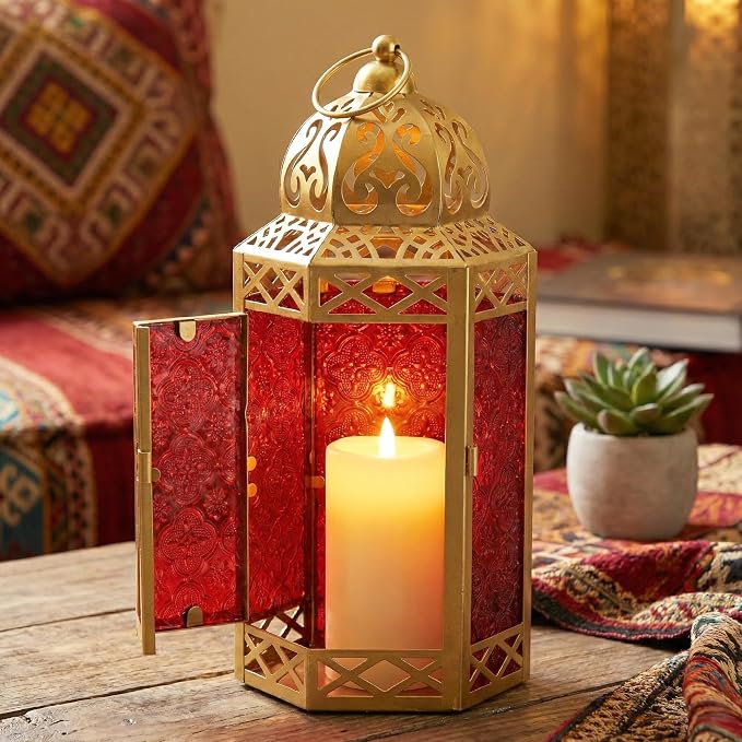 Vela Lanterns 12" Metal Moroccan Decorative Candle Lantern Holders for Hanging or Table, Indoor Home Decor, Outdoor Patio or Porch, Weddings, Gold, Red Glass, Large