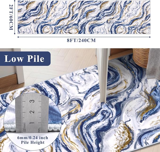 Yamaziot 2x8 Washable Modern Abstract Runner Rug Non-Slip for Hallways | Stain Resistant Kitchen Rug with Rubber Backing, Low Pile, Ultra Soft Carpet Runner for Bedroom, Laundry, Entrance,Blue
