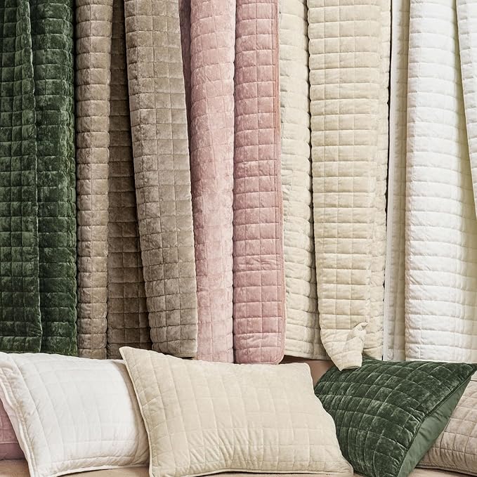 RECYCO Velvet Quilt Set, Oversized California King 118"x106", Natural Tan | Channel Box Stitch Velvet Comforter Set, Ultra Soft Lightweight Bedspread Coverlet, All Season Bedding Set, with 2 Shams