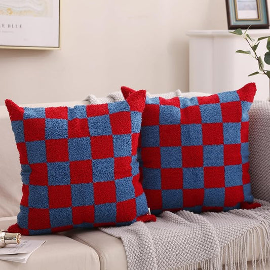 Alysheer Checkered Embroidered Throw Pillow Covers 18"x 18" 2pc Red Blue