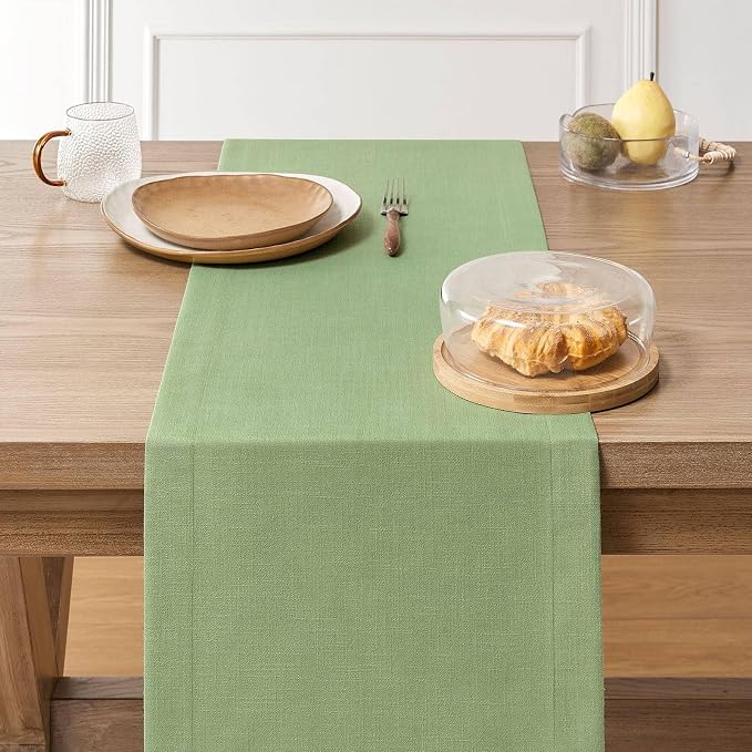 ZeeMart Linen Textured Border Table Runner, 14 x 60 Inch Green | Mitered Corner Design, Medium Weight Fabric, Modern Farmhouse Style, Machine Washable Easy Care Everyday Table Scarf