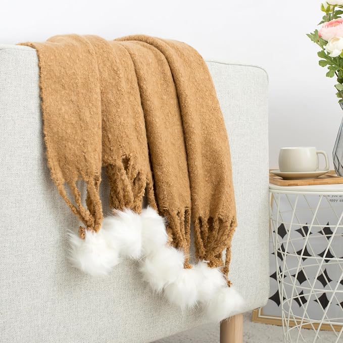 Camel Pom Pom Throw Blanket for Couch, 50"X60" Soft Lightweight Knitted Farmhouse Decorative Blankets for Bed and Sofa