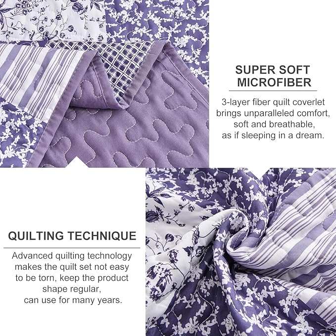 Mybedsoul Purple Quilt Set Full Size, Patchwork Floral Bedding Set | Soft Lightweight Microfiber Reversible Coverlet Set, 3 Pieces Plaid Bedspread, Bed Sets for All Seasons 78"x90"