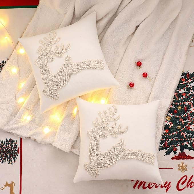 Christmas Throw Pillow Covers 18x18 Set of 2 Beige Xmas Reindeer