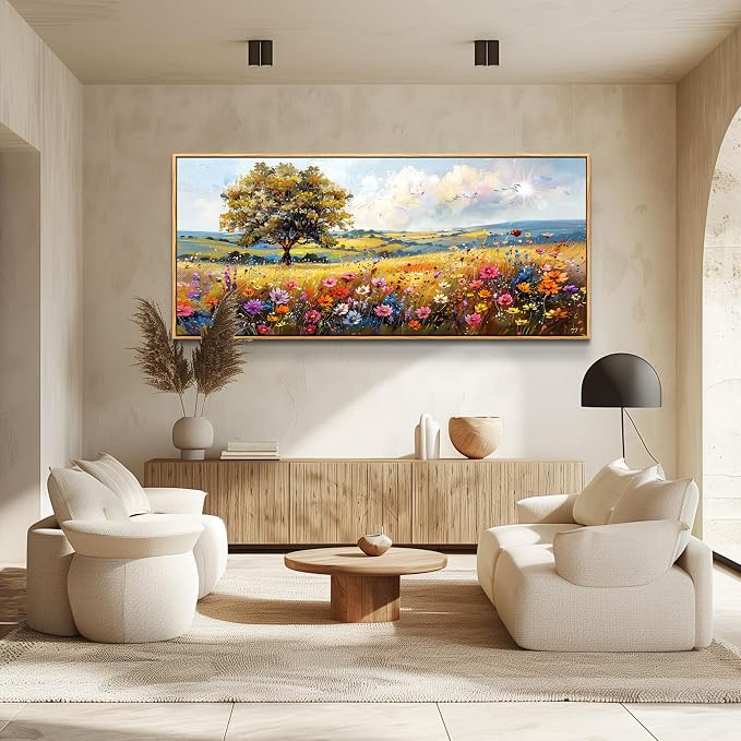 hyidecorart Large Framed Wall Art, Spring Landscape Wall Art, Nature Tree Wildflower Artwork, Colorful Scenery Rustic Painting Canvas Prints, Farmhouse Wall Decor Living Room Bedroom Picture 32x72 In