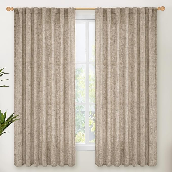 YoungsTex Oatmeal Linen Curtains 60 X 63 Inch Length, Wide Light Filtering Drapes with Rod Pocket Back Tab for Bedroom Farmhouse Living Room, 2 Panels, 60 X 63 Inch