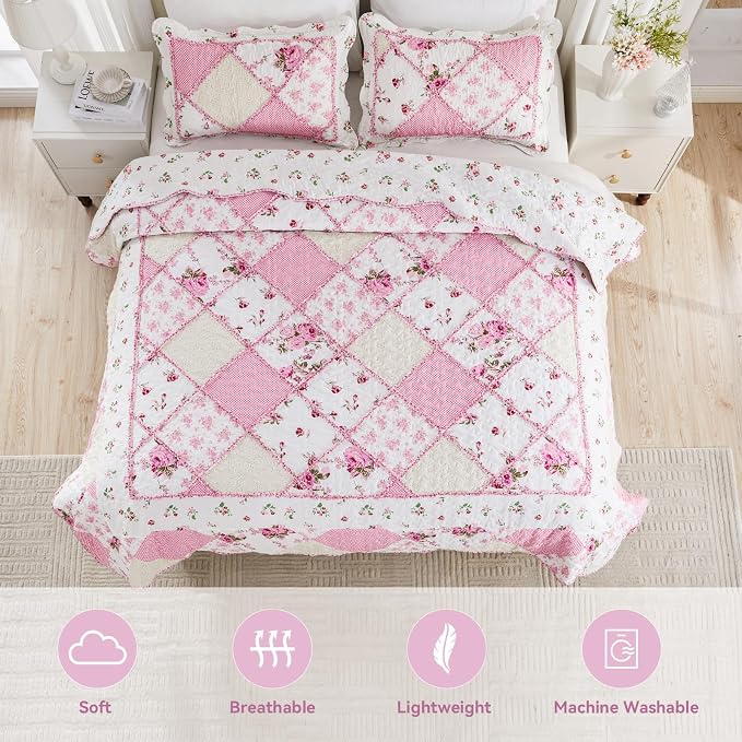 Oversized King Size Quilt Set 128x120 Pink Floral Patchwork Bedspreads Set | 3-Piece Extra Wide Super King Size Bedding Set Rversible Quilted Coverlet Lightweight Comforter Bed Cover with 2 Pillowcases