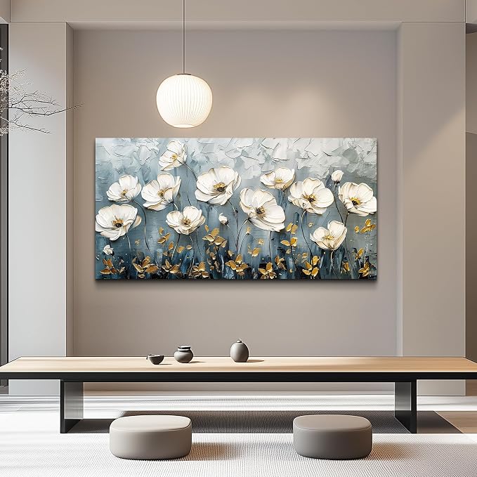 QIYILEXWART Large Wall Decor For Living Room Canvas Wall Art For Office Modern Wall Decorations For Bedroom Textured White Flower Landscape Painting Farmhouse Pictures Artwork Room Home Decor 24x48